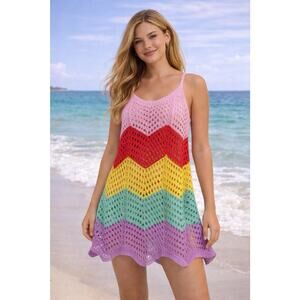 Dry Goods Swim Coverup Mesh Dress L Open Knit Pastel Crochet NWT Sundress Tank